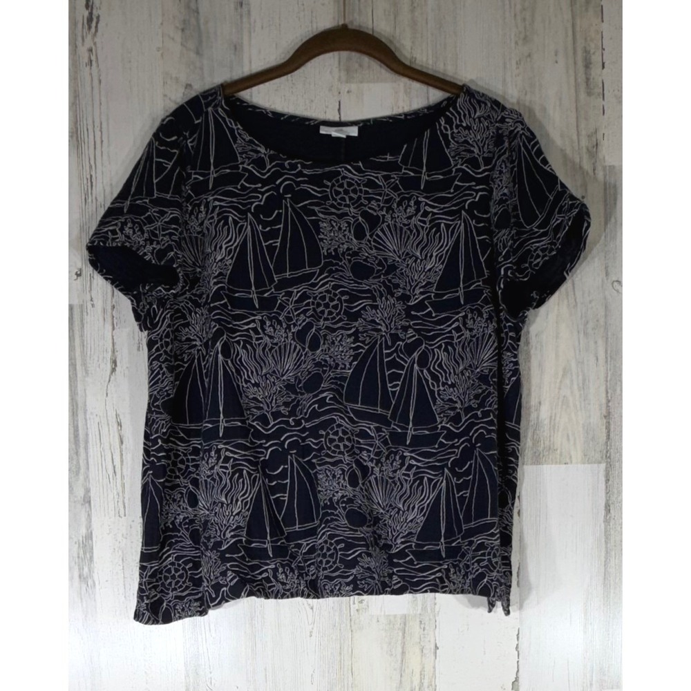 J Jill Cotton Gauze Top Large Navy Blue Nautical Sailboat Beach Sea Shells Ocean